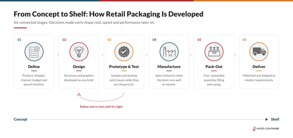 The six stages of the retail packaging development process, from concept to shelf